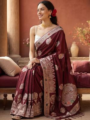 maroon woven design zari silk blend designer banarasi saree 2