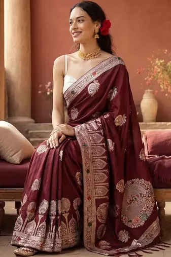 maroon woven design zari silk blend designer banarasi saree