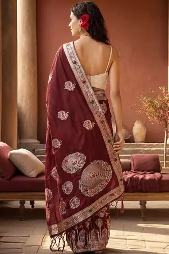 maroon woven design zari silk blend designer banarasi saree