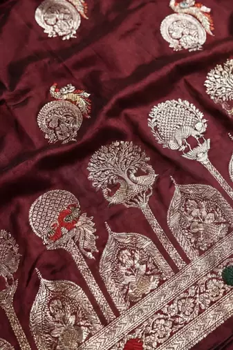 maroon woven design zari silk blend designer banarasi saree
