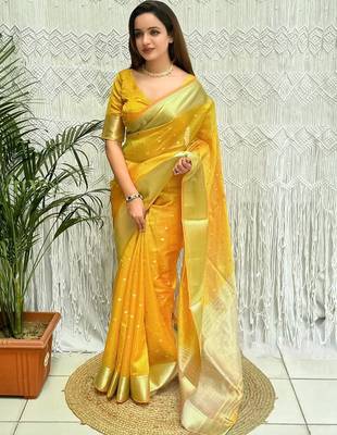 yellow zari organza designer banarasi saree 1