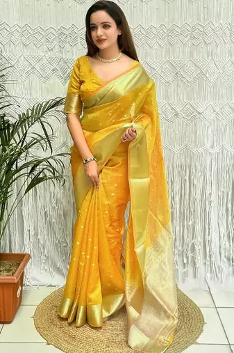 yellow zari organza designer banarasi saree