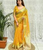 yellow zari organza designer banarasi saree