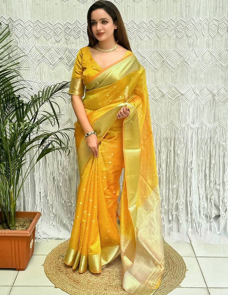 yellow zari organza designer banarasi saree