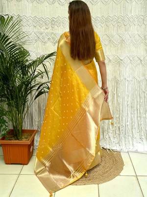 yellow zari organza designer banarasi saree 2