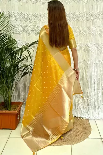 yellow zari organza designer banarasi saree