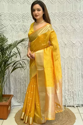 yellow zari organza designer banarasi saree