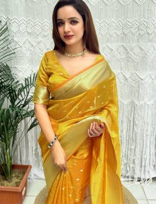 yellow zari organza designer banarasi saree 4