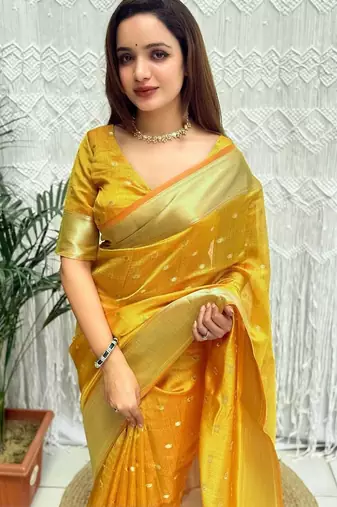 yellow zari organza designer banarasi saree