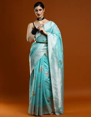 blue ethnic motifs woven design cotton saree with blouse 1