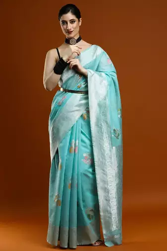 blue ethnic motifs woven design cotton saree with blouse