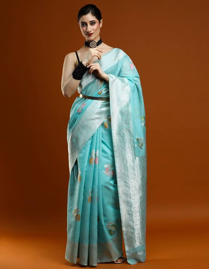 blue ethnic motifs woven design cotton saree with blouse