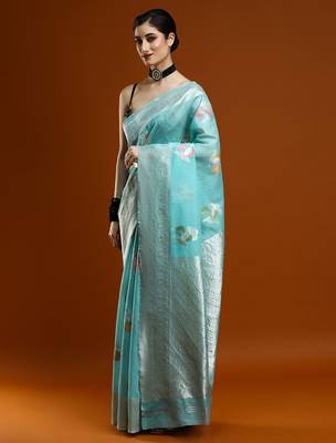 blue ethnic motifs woven design cotton saree with blouse 2