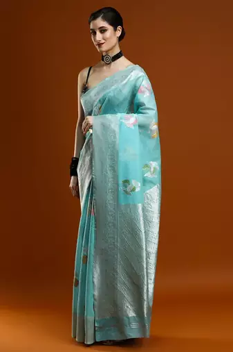 blue ethnic motifs woven design cotton saree with blouse