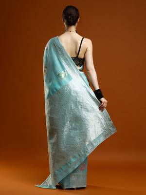 blue ethnic motifs woven design cotton saree with blouse 3
