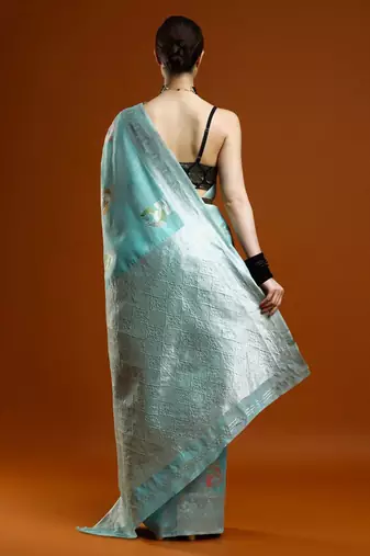 blue ethnic motifs woven design cotton saree with blouse