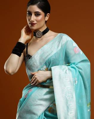 blue ethnic motifs woven design cotton saree with blouse 4