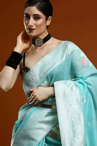 blue ethnic motifs woven design cotton saree with blouse