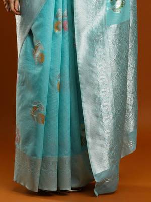 blue ethnic motifs woven design cotton saree with blouse 5
