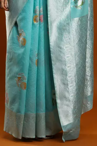blue ethnic motifs woven design cotton saree with blouse