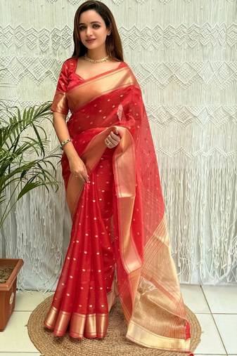 red zari organza designer banarasi saree