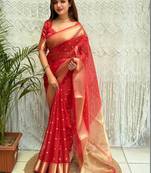 red zari organza designer banarasi saree