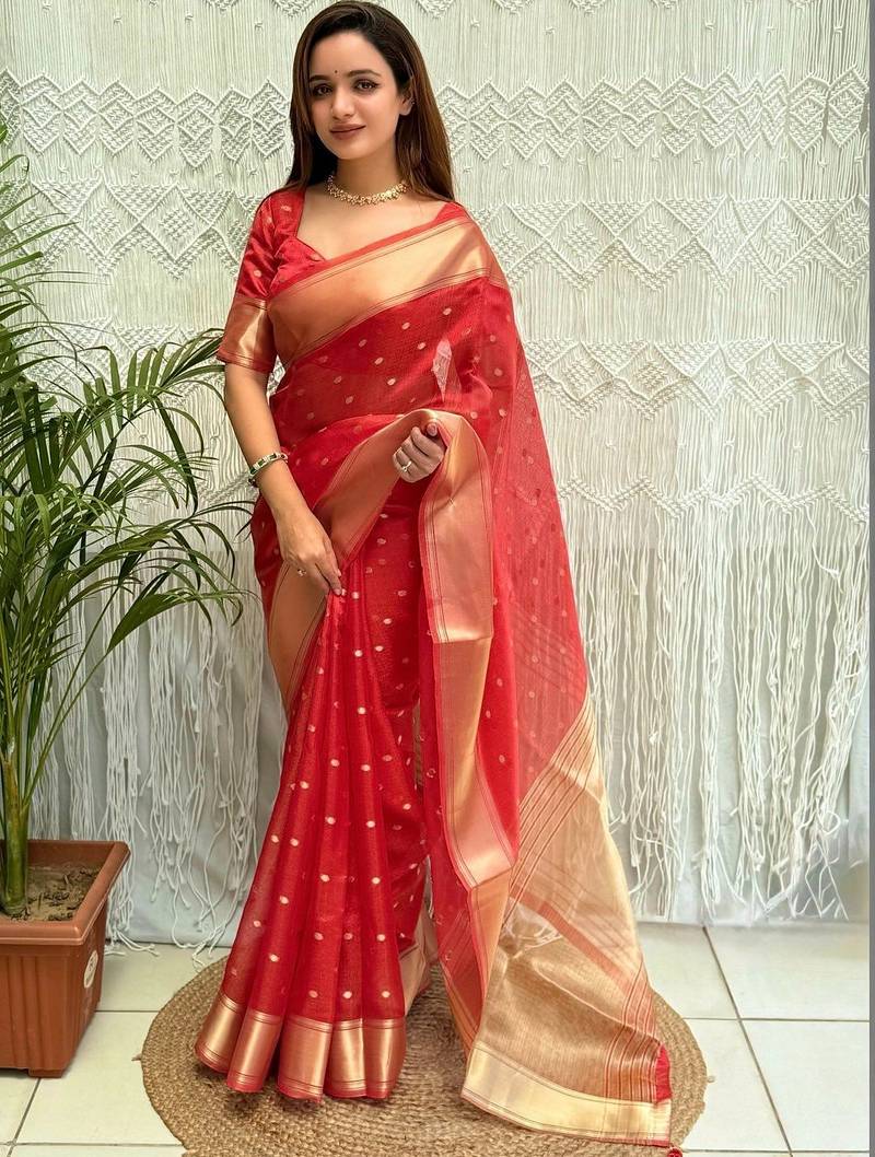 red zari organza designer banarasi saree