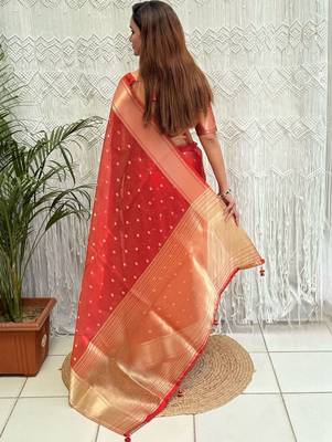 red zari organza designer banarasi saree 2