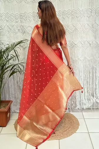 red zari organza designer banarasi saree