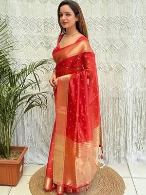 red zari organza designer banarasi saree 3