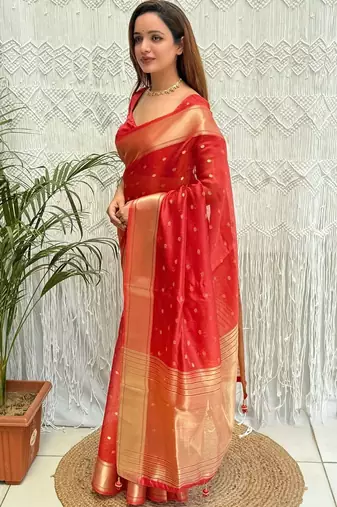 red zari organza designer banarasi saree