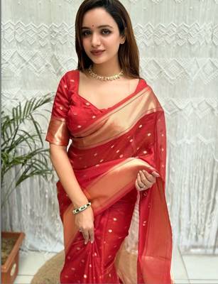 red zari organza designer banarasi saree 4