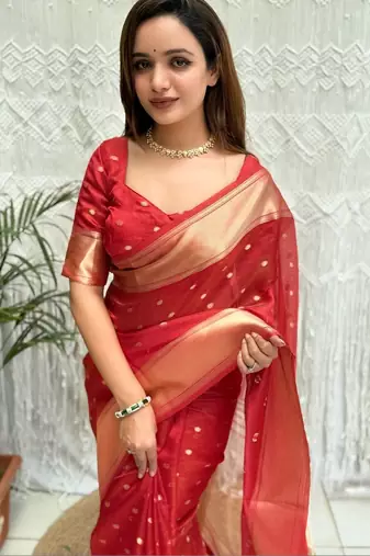 red zari organza designer banarasi saree