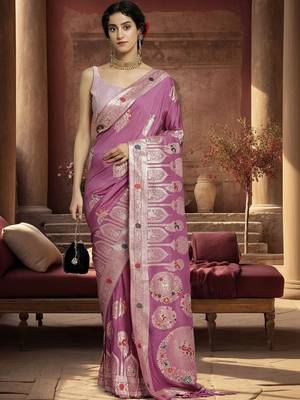 purple woven design zari silk blend designer banarasi saree 2