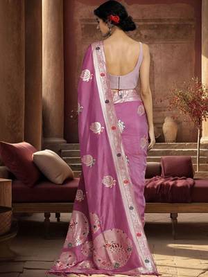 purple woven design zari silk blend designer banarasi saree 3