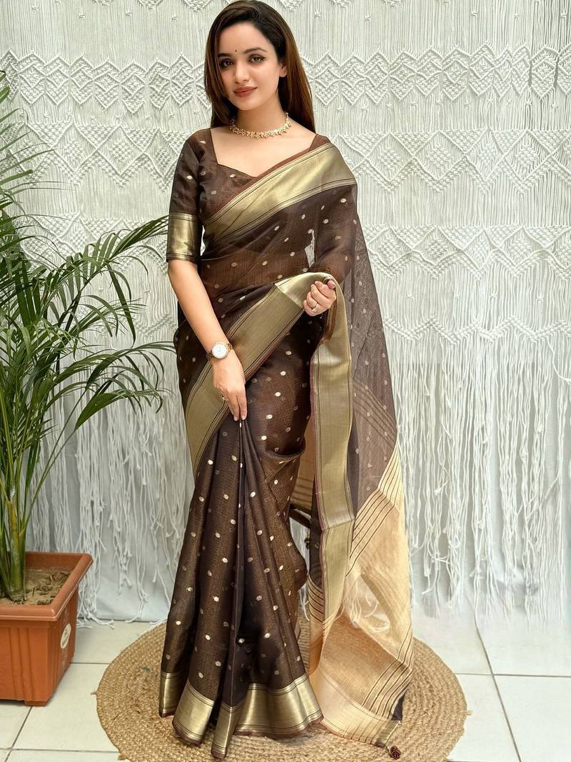 brown woven design zari organza designer banarasi saree