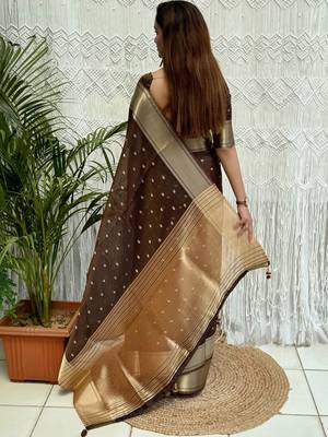brown woven design zari organza designer banarasi saree 2