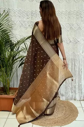 brown woven design zari organza designer banarasi saree
