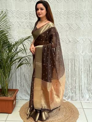 brown woven design zari organza designer banarasi saree 3