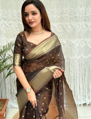 brown woven design zari organza designer banarasi saree 4