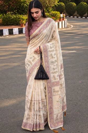 cream ethnic motifs printed pure cotton saree