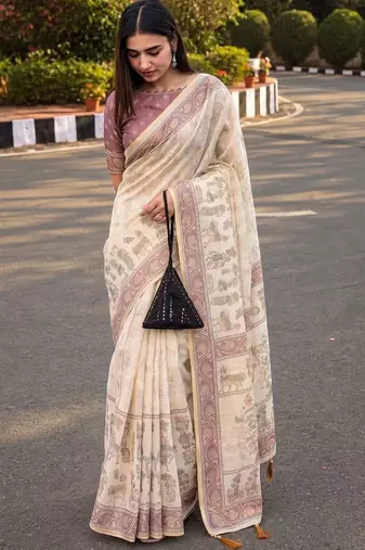 cream ethnic motifs printed pure cotton saree
