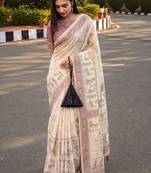 cream ethnic motifs printed pure cotton saree