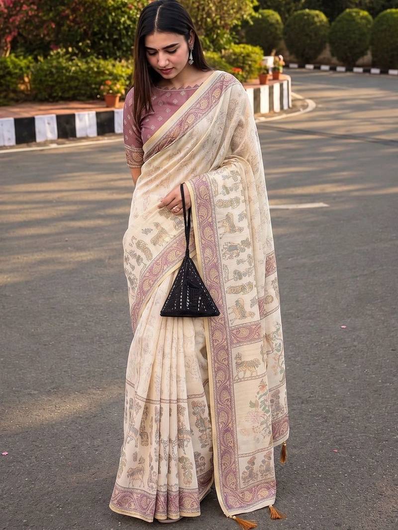 cream ethnic motifs printed pure cotton saree