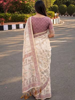 cream ethnic motifs printed pure cotton saree 2