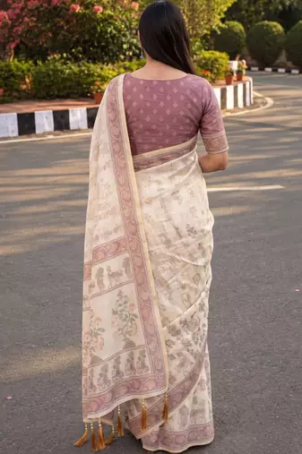 cream ethnic motifs printed pure cotton saree