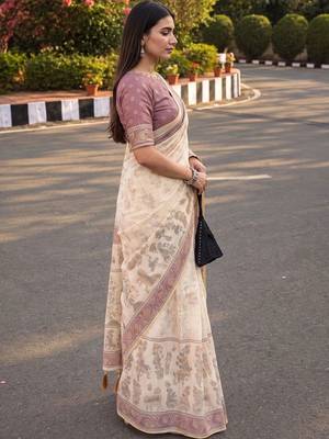 cream ethnic motifs printed pure cotton saree 3