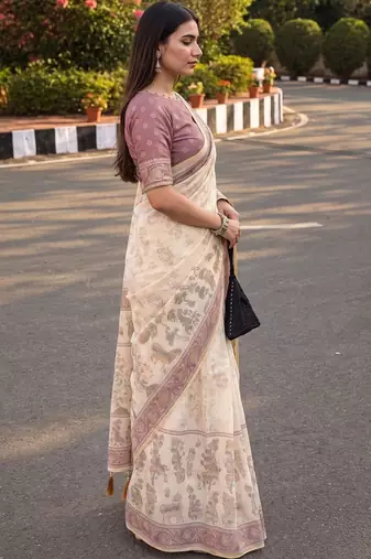 cream ethnic motifs printed pure cotton saree