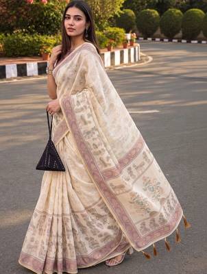cream ethnic motifs printed pure cotton saree 4
