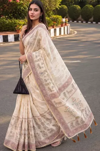 cream ethnic motifs printed pure cotton saree